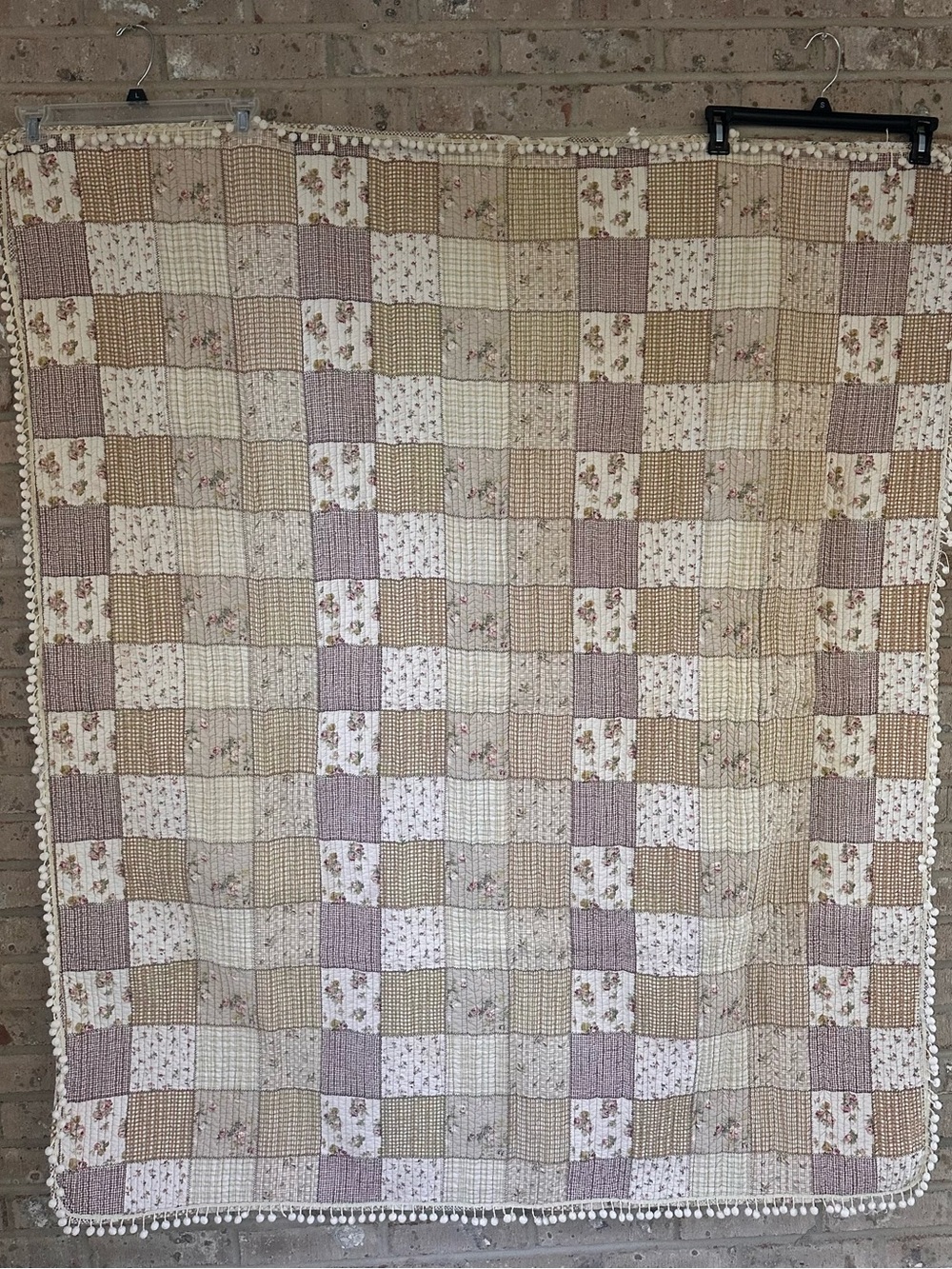 Heirloom Patchwork Quilt | Soft Neutral Floral Cottagecore Throw with Pom Trim
